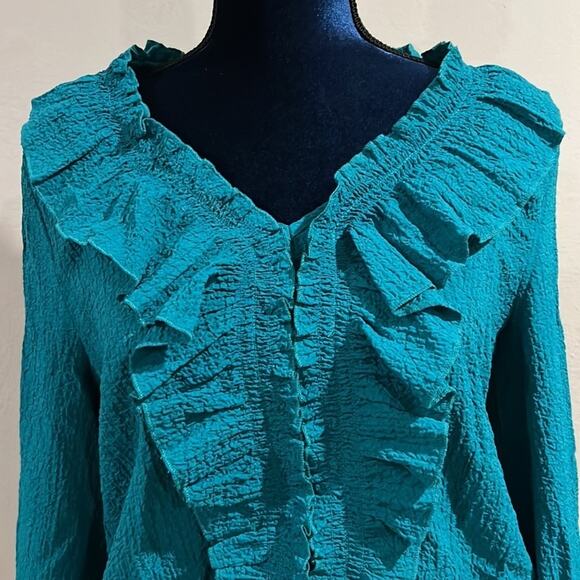 Andrew Marc New York Turquoise Ruffle Neck Top long Sleeve Sz S - Picture 2 of 12